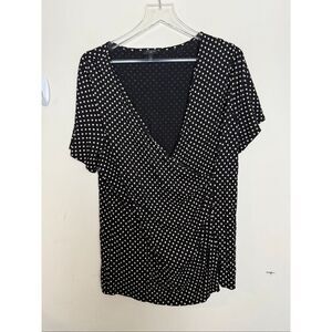 Talbots Black White Polka Dot Short Sleeve Wrap Blouse 1X Plus Size Workwear Cla